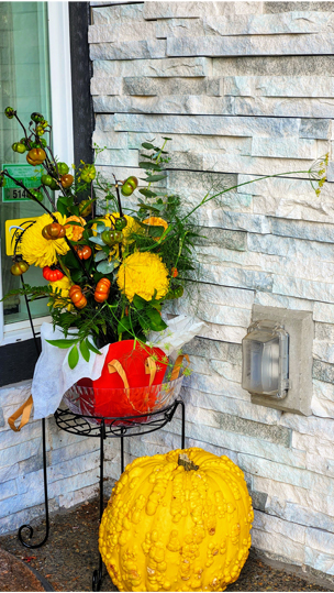 Yellow Pom-Pom Chrysanthemums,  Pumpkin-on-a-Stick, Fennel Fronds/Flowers, Italian Ruscus, Baby Blue Eucalyptus, & Warty Yellow Gourd